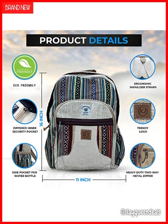 Handmade Hemp Nepal Backpack Multi Pocket Laptop Large main image 4
